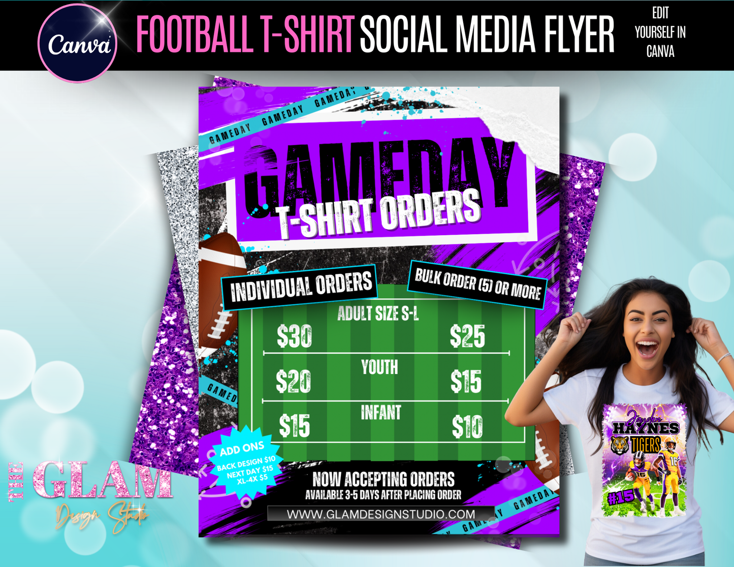 Football Shirt Orders, Social Media Flyer Templates – 3 Color Variations | Canva Pro Editable