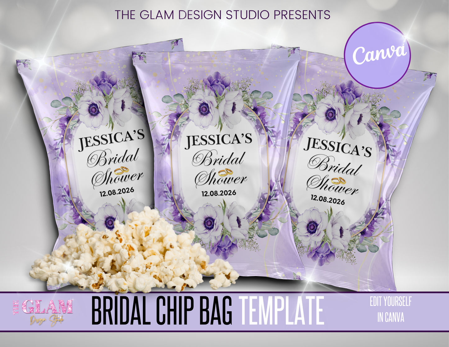 Editable Bridal Shower Chip Bag Template Canva | Purple Floral Favor Bag | DIY Wedding Party Treat Packaging | Instant Download | Included in Glamopoly