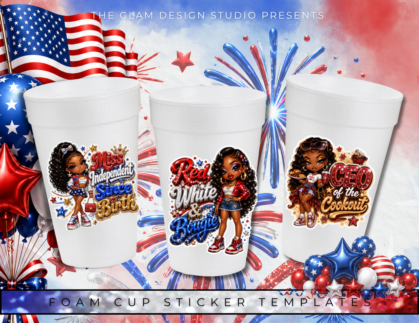 Red White & Tipsy 4th of July Canva Template Bundle | Adult Drink Pouch, Fan & Foam Cup Sticker Templates