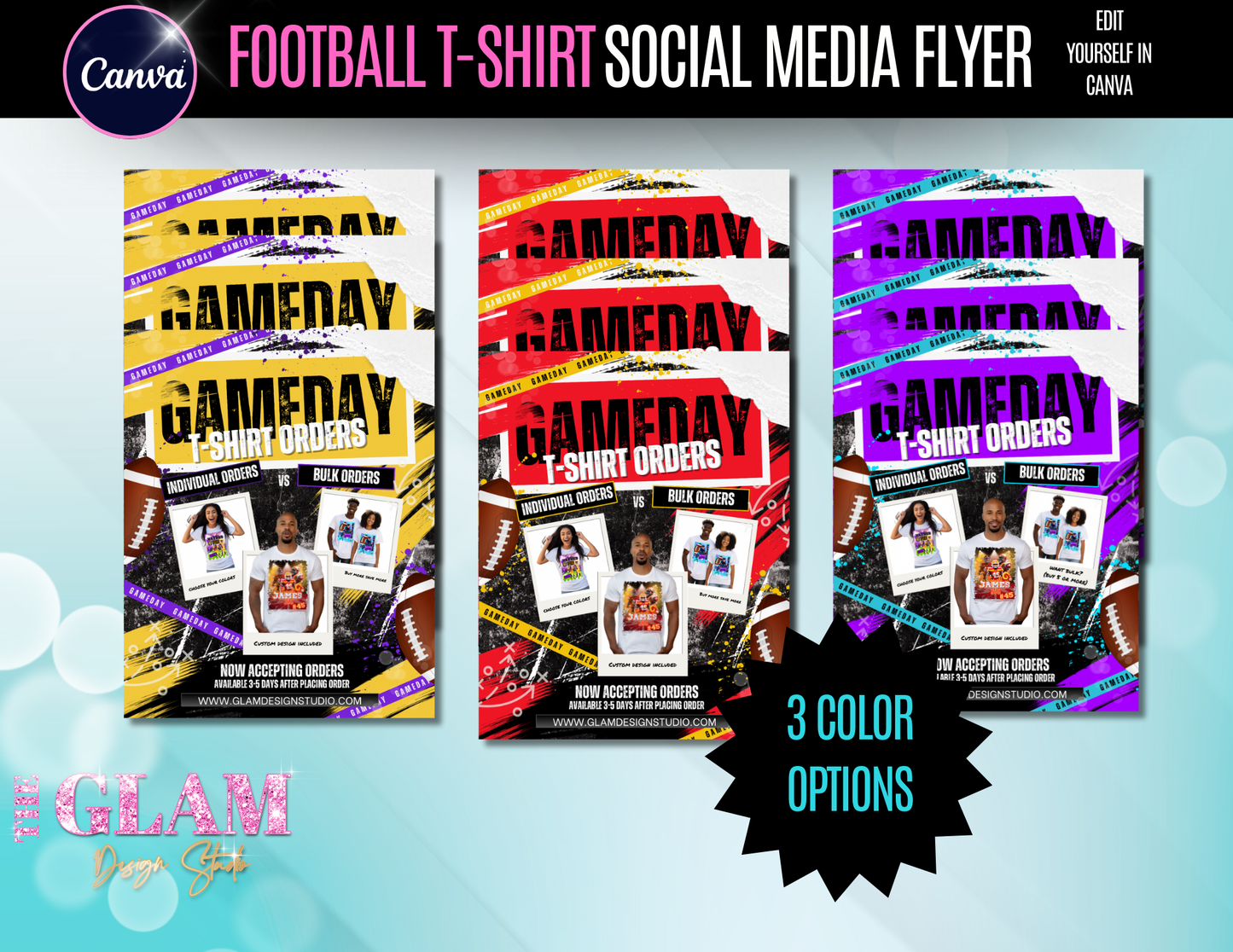 Football Shirt Orders, Social Media Flyer Templates – 3 Color Variations | Canva Pro Editable