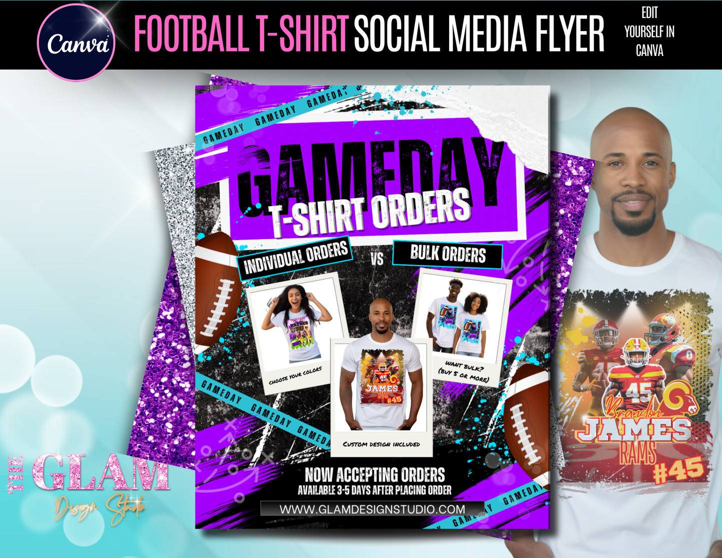 Football Shirt Orders, Social Media Flyer Templates – 3 Color Variations | Canva Pro Editable