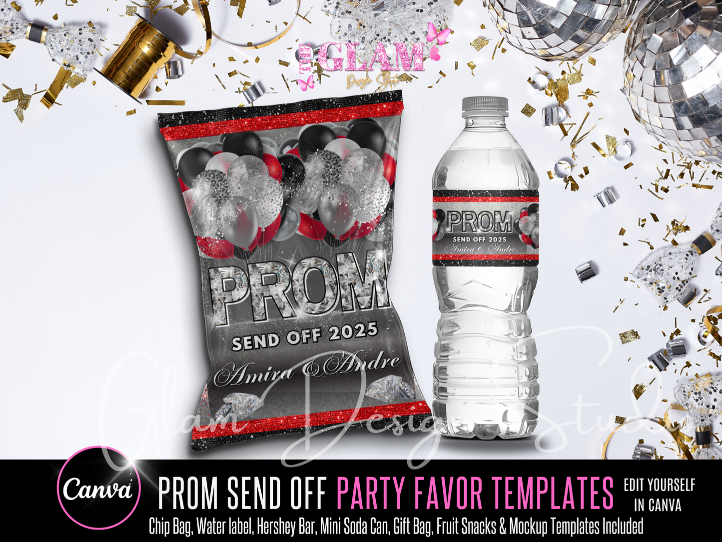 Chip Bag & Water Label Prom Send Off Party Favor Bundle Editable Canva Templates