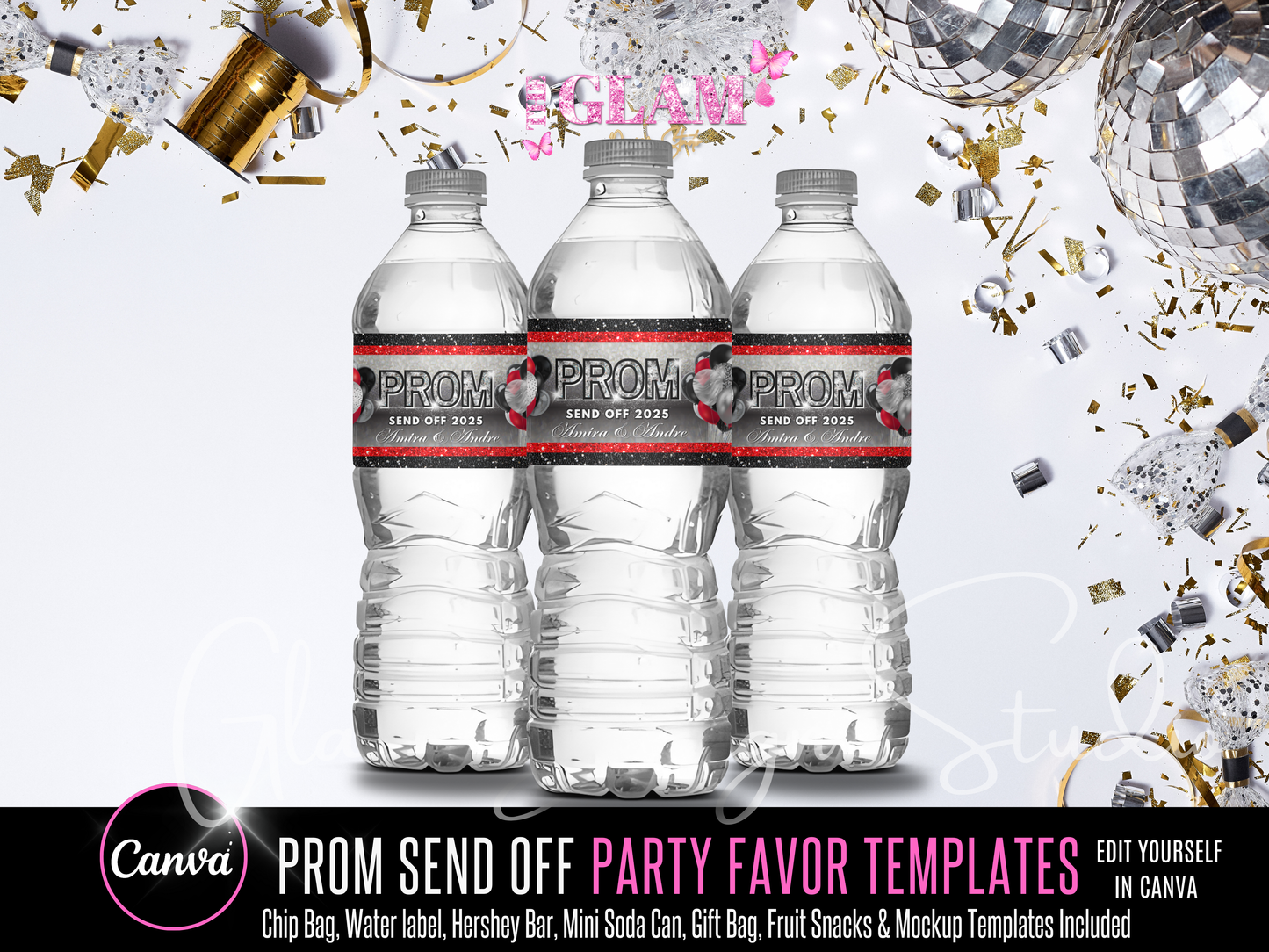 Chip Bag & Water Label Prom Send Off Party Favor Bundle Editable Canva Templates