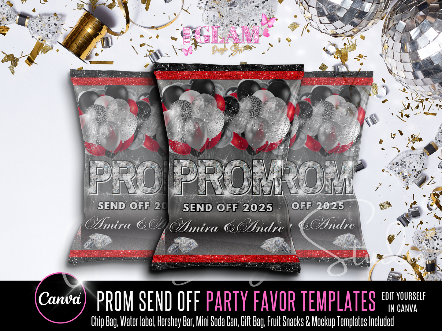 Chip Bag & Water Label Prom Send Off Party Favor Bundle Editable Canva Templates