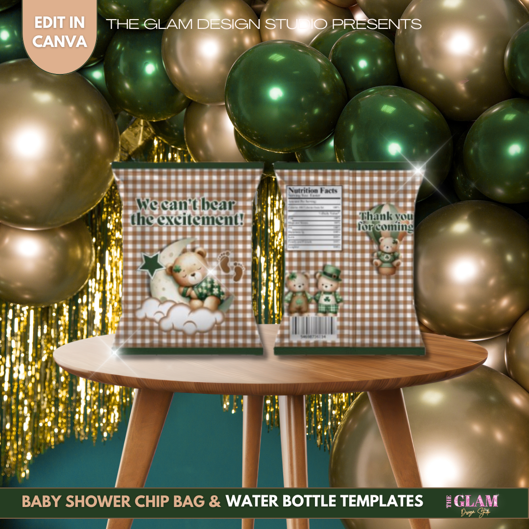 We Can’t Bear the Excitement Baby Shower Templates | Chip Bag & Water Bottle Labels (Canva)