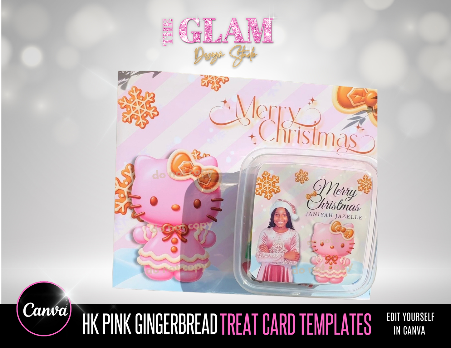 HK Pink Gingerbread Treat Card Template – Christmas Candyland Favor Card, Editable Canva Template, Holiday Classroom Gifts, Kids Christmas Treat Card