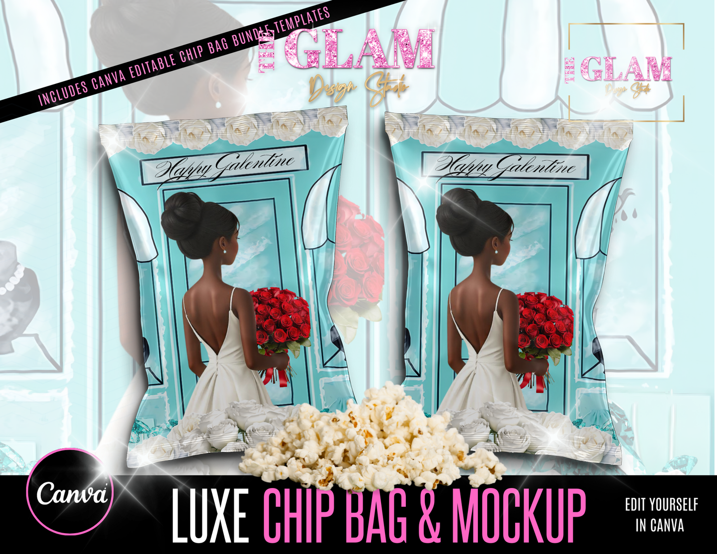 Luxe Valentine Chip Bag Template + Mockup | Canva Editable | Glam Design