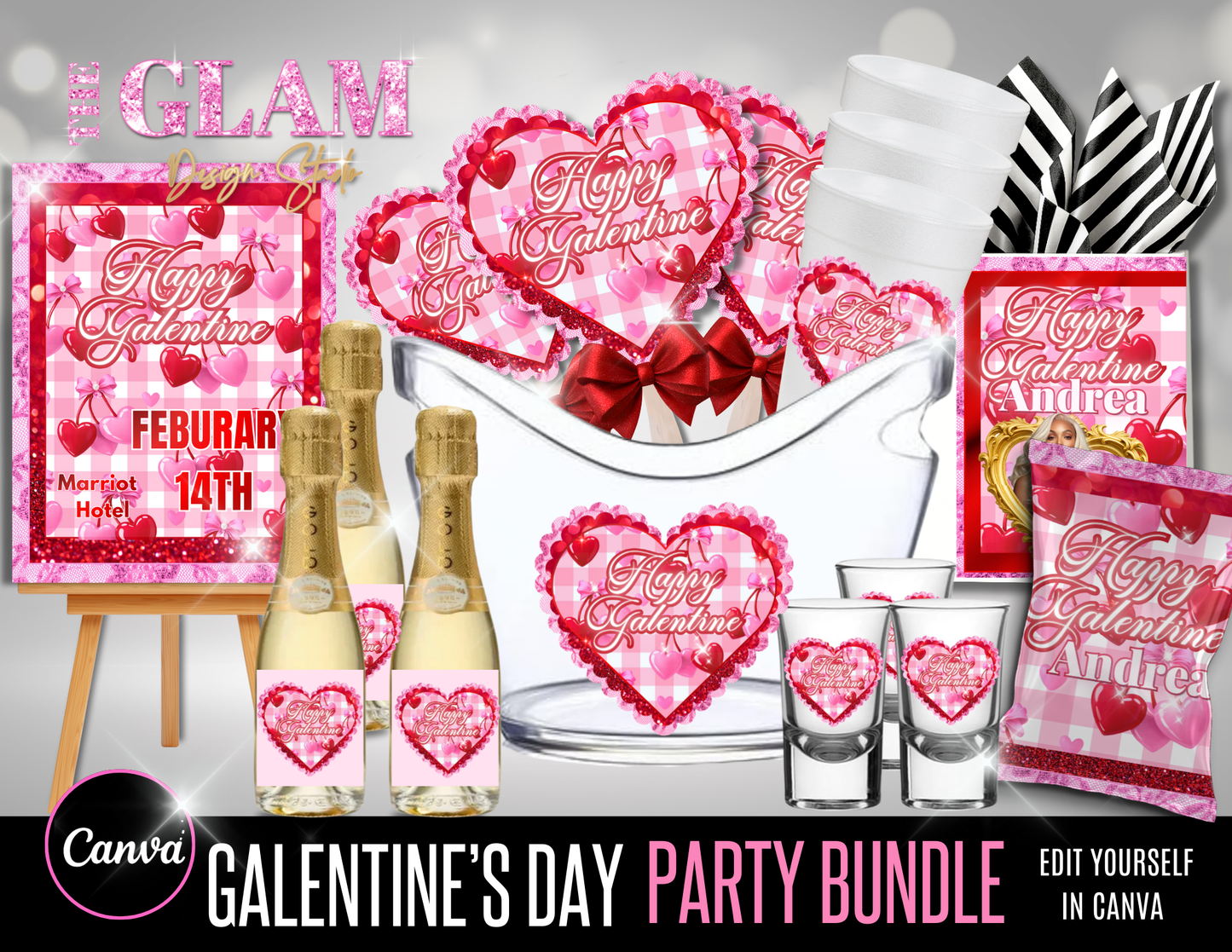 Galentine Cherry hearts Canva Templates
