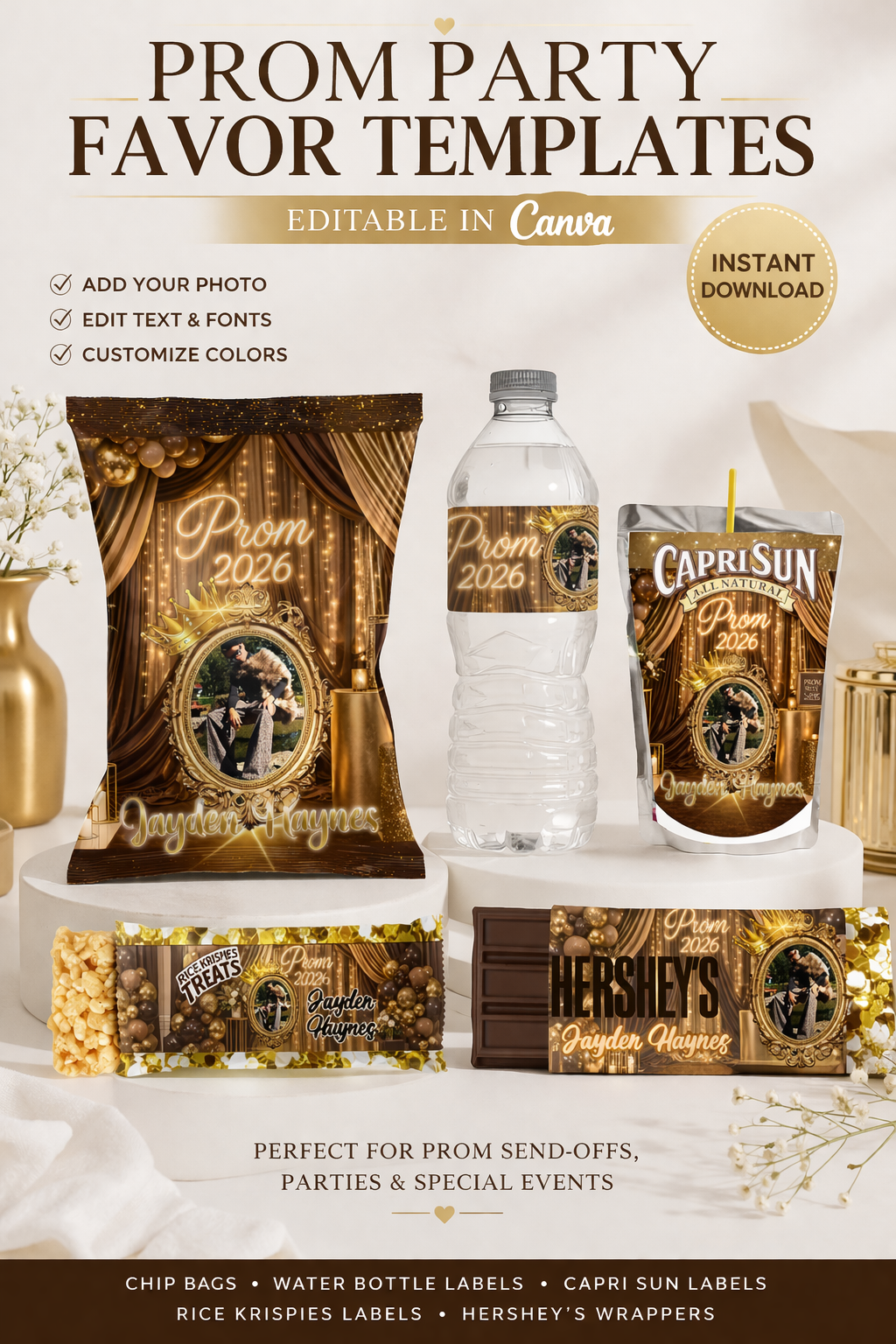 Rich Brown Gold Prom Party Favor Templates Canva Editable Bundle | Chip Bag, Capri Sun, Water Bottle Label, Hershey Wrapper, Rice Krispie Treat | Prom 2026