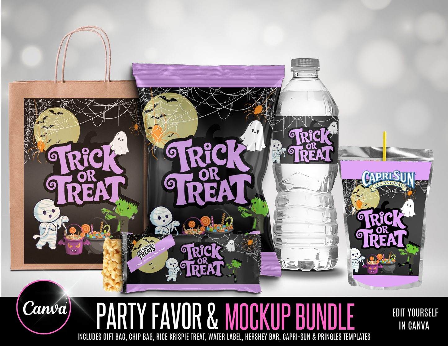 Editable Halloween Party Favor & Mockup Bundle – Canva Templates