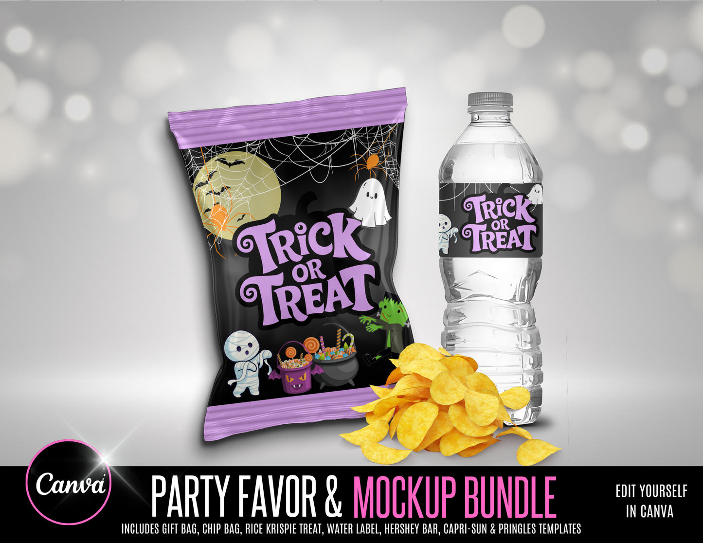 Editable Halloween Party Favor & Mockup Bundle – Canva Templates
