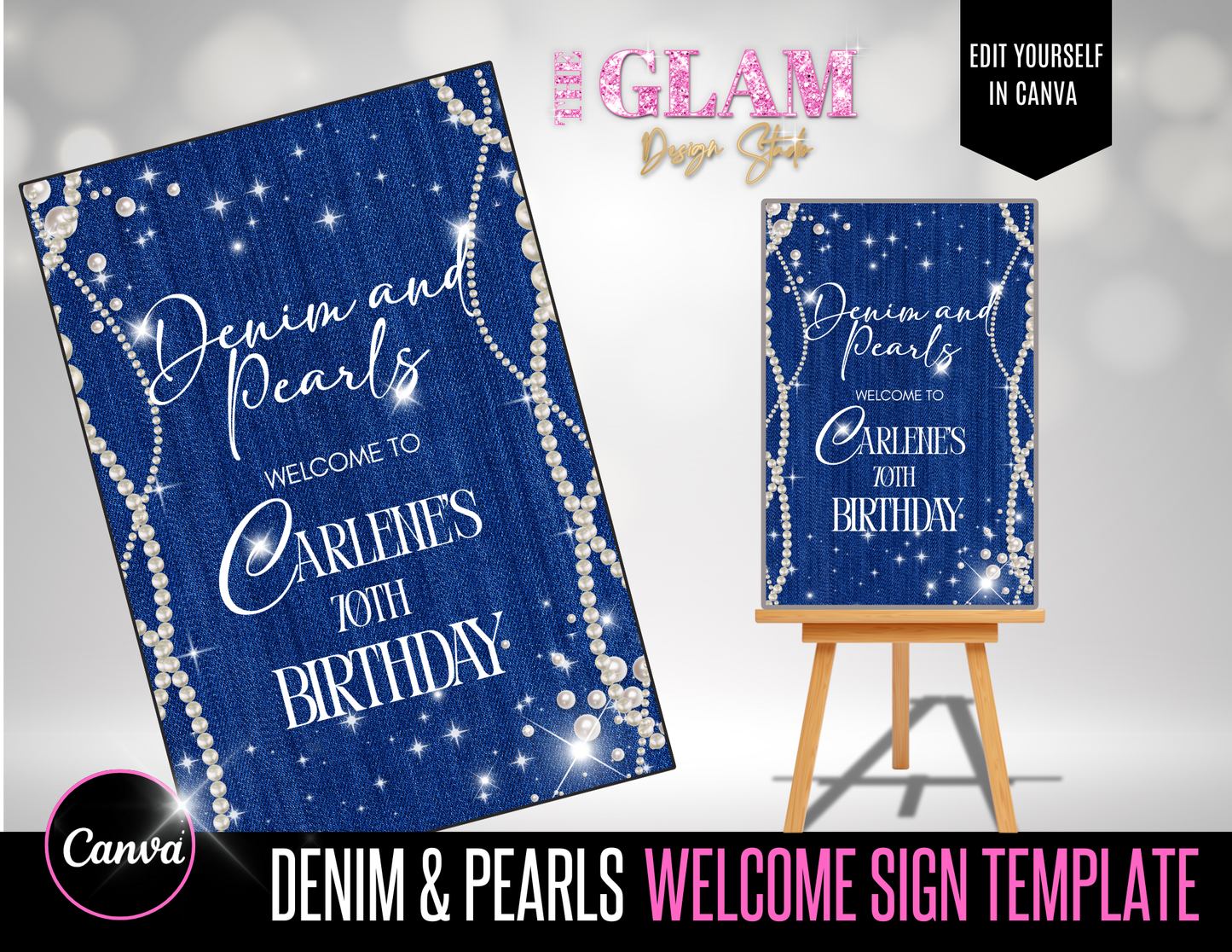 Denim and Pearls Birthday Welcome Sign Template | Editable Canva Party Poster | Printable Blue Jean Pearl Theme Decor