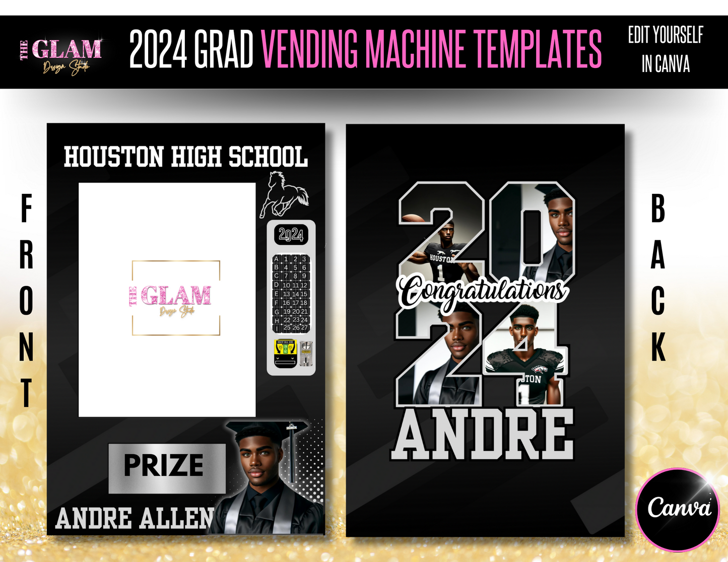 2025 Grad Vending Machine Editable Templates, (Canva Black) 3 Sizes Included