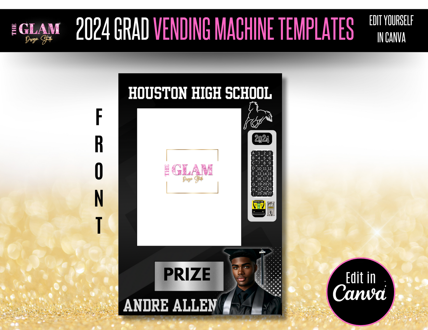 2025 Grad Vending Machine Editable Templates, (Canva Black) 3 Sizes Included