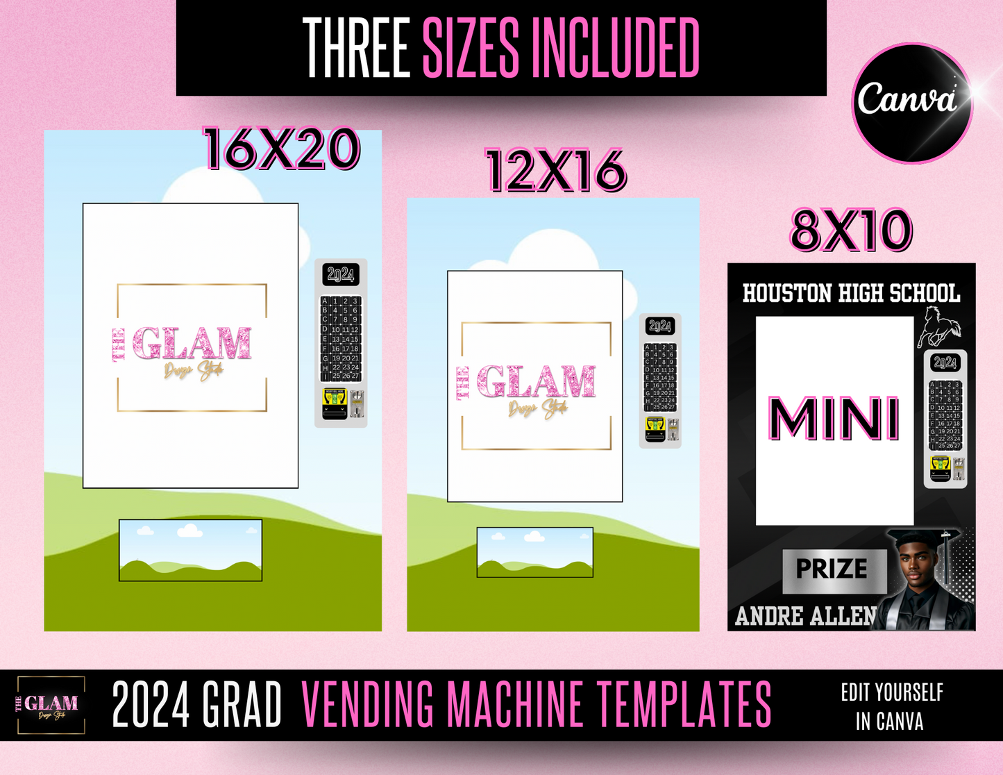 2025 Grad Vending Machine Editable Templates, (Canva Black) 3 Sizes Included