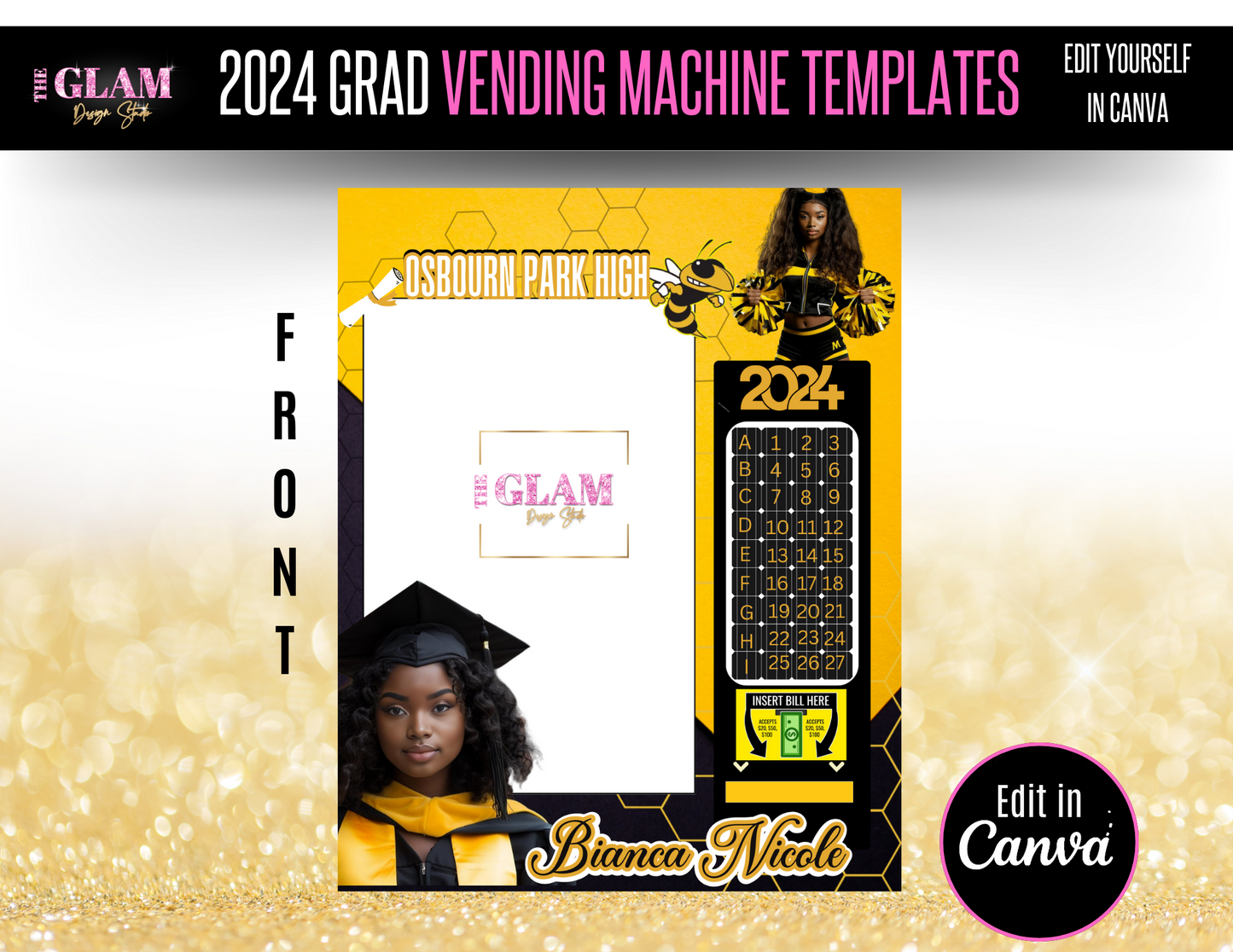2025 Grad Vending Machine Editable Templates, (Canva Black & Yellow)