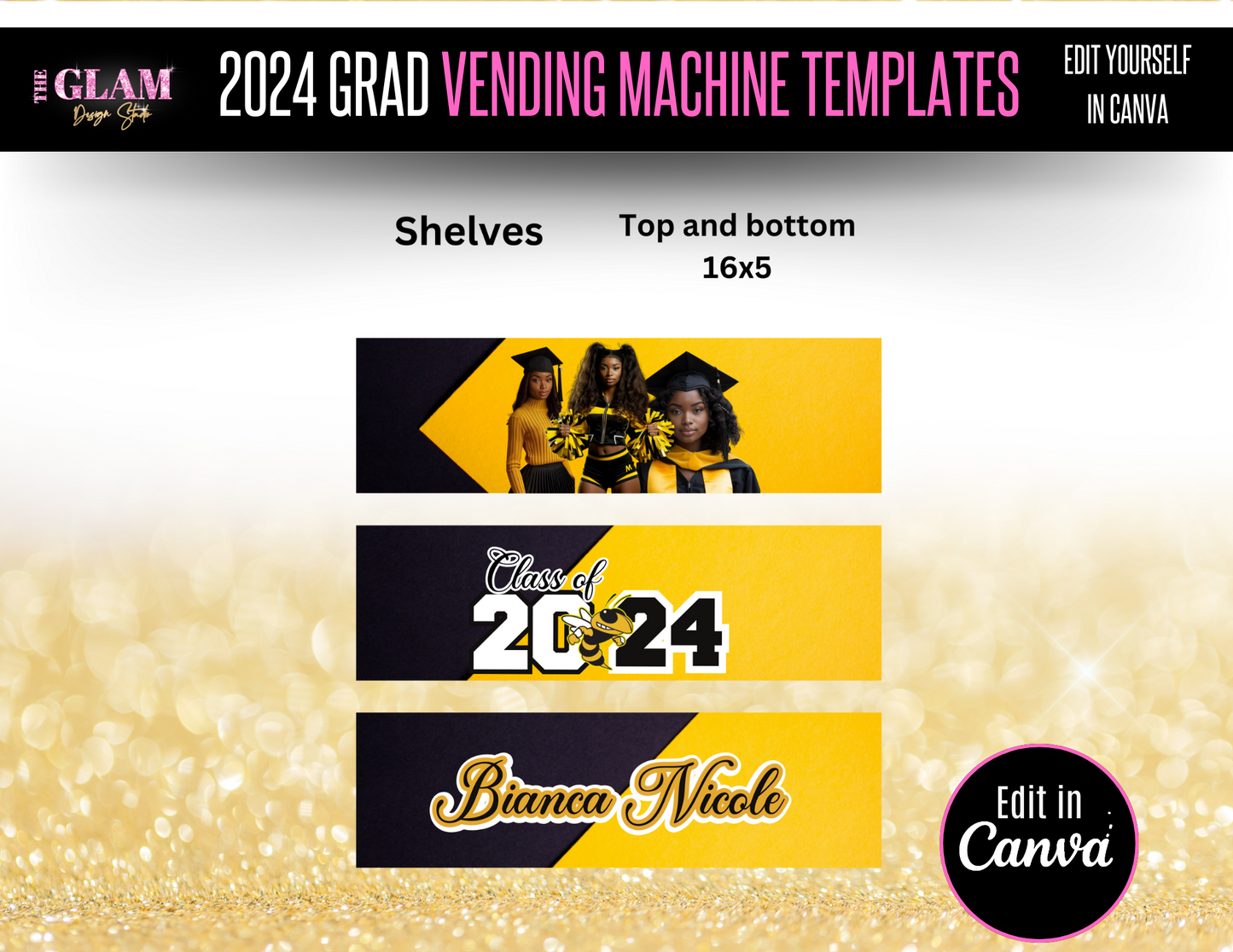 2025 Grad Vending Machine Editable Templates, (Canva Black & Yellow)