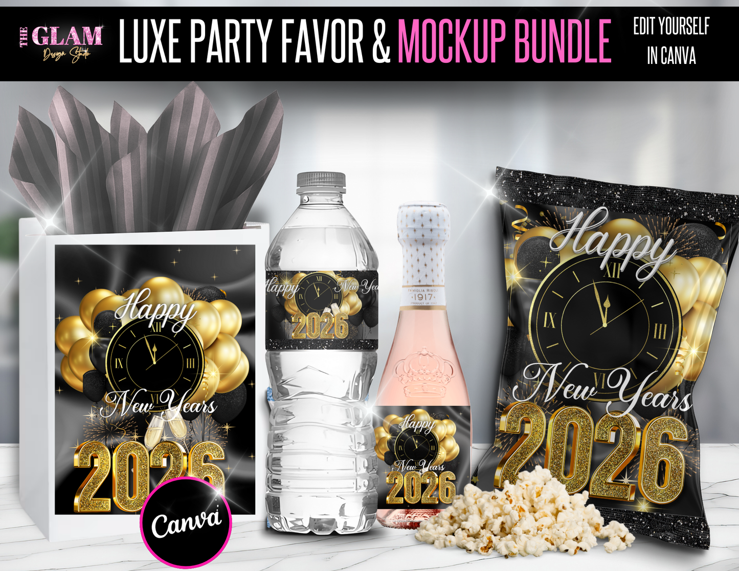 Luxe New Year’s 2026 Party Favor & Mockup Bundle | Editable Canva Templates
