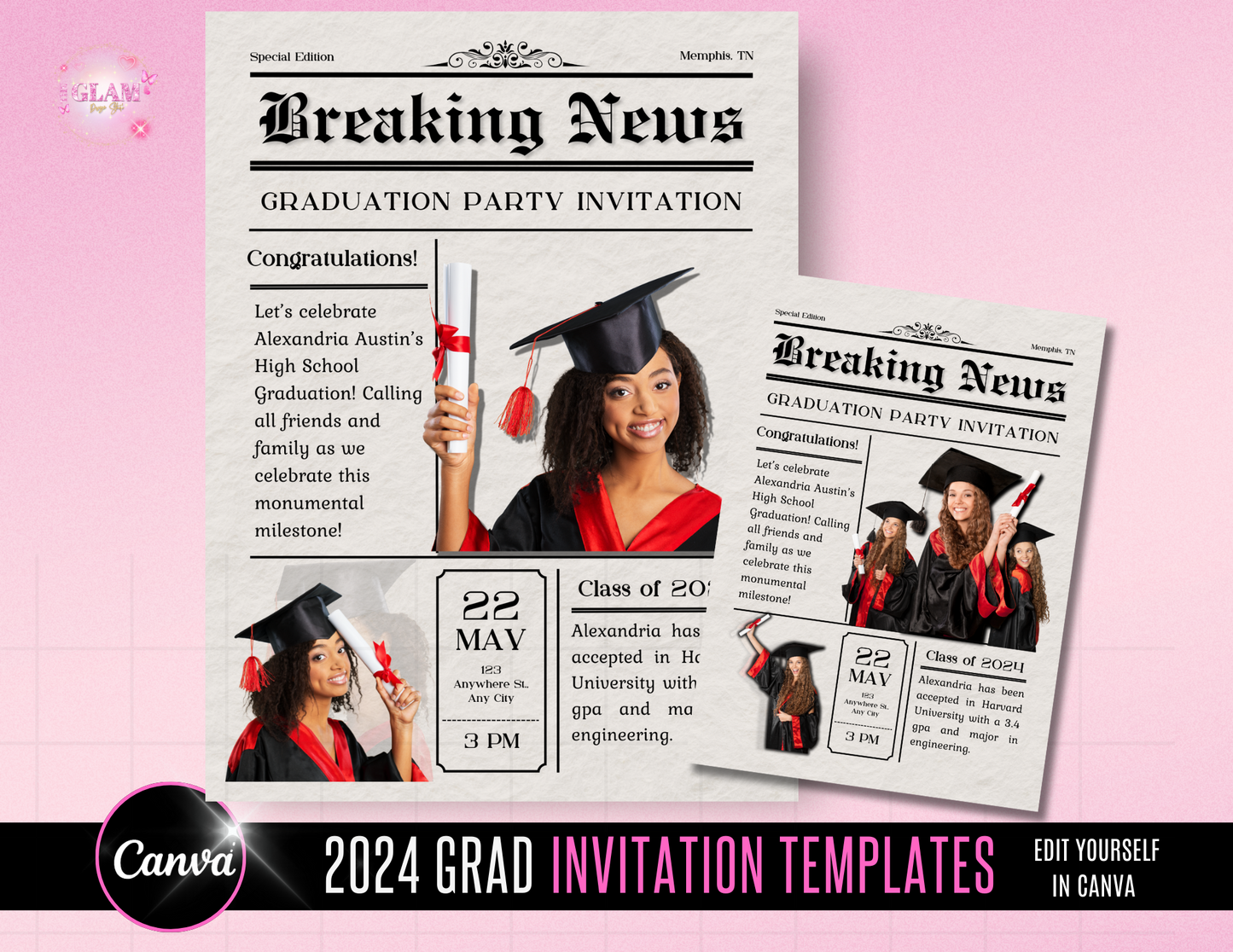 2025 Graduation Newspaper Invitation Editable Template Bundle Digital File