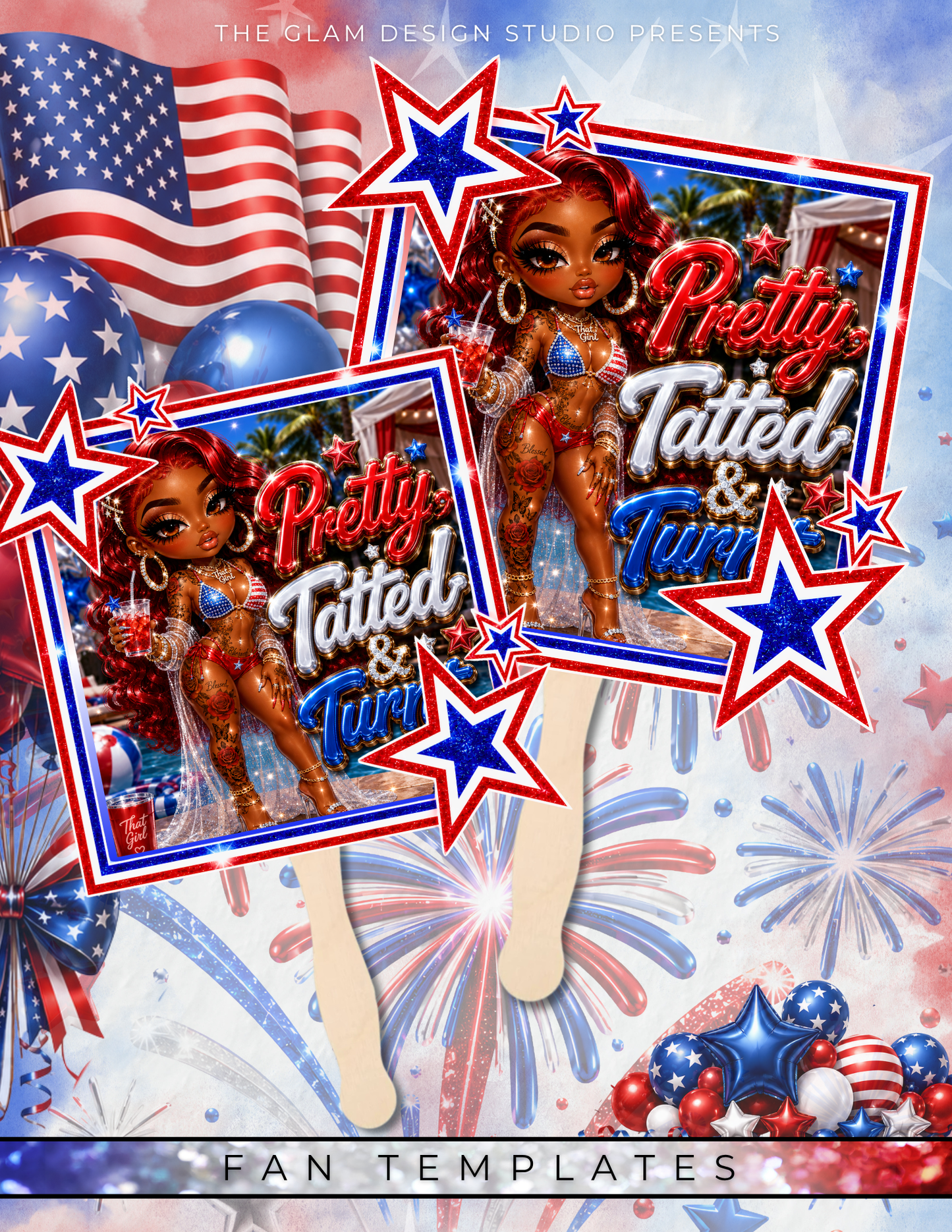 Red White & Tipsy 4th of July Canva Template Bundle | Adult Drink Pouch, Fan & Foam Cup Sticker Templates