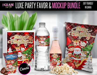Plaid Santa & Friends Luxe Christmas Party Favor Bundle (Includes Both Complexions) | Canva Editable Chip Bag, Gift Bag, Water Bottle Label, Cocoa Pack & Mini Bottle Label