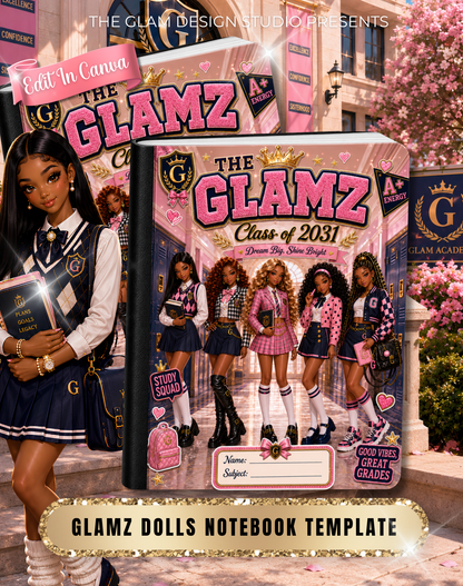 The Glamz™ Back-to-School Composition Notebook Collection | Editable Canva Templates + 16 Bonus Canva Templates