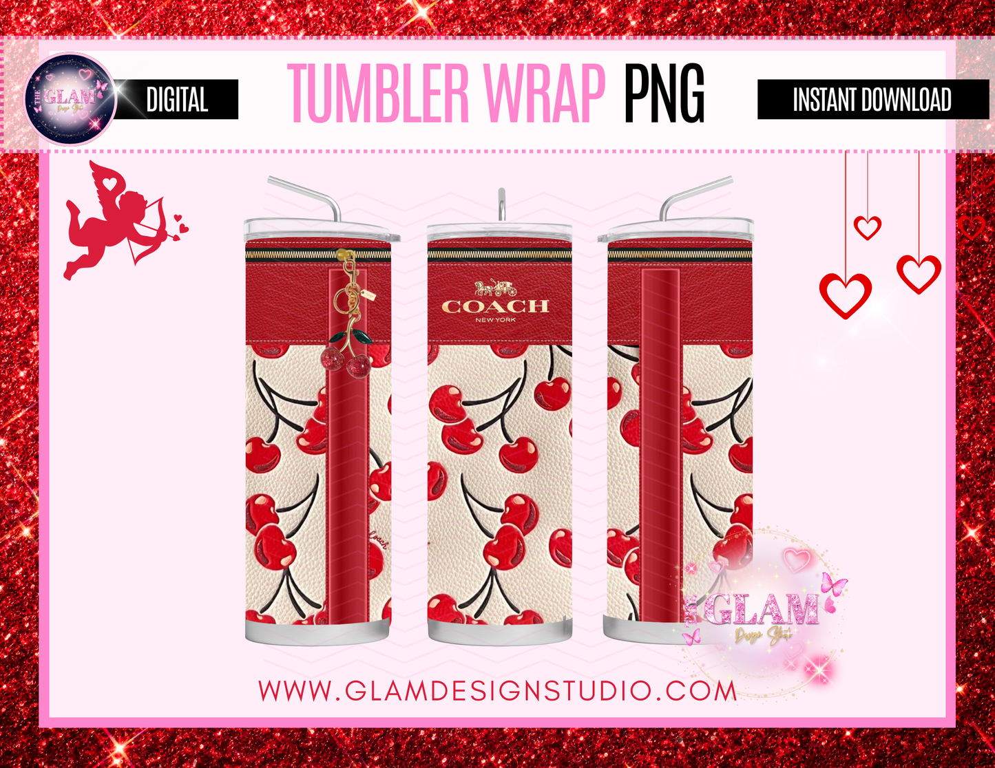 Red Cherry Coach Tumbler Wrap Digital PNG