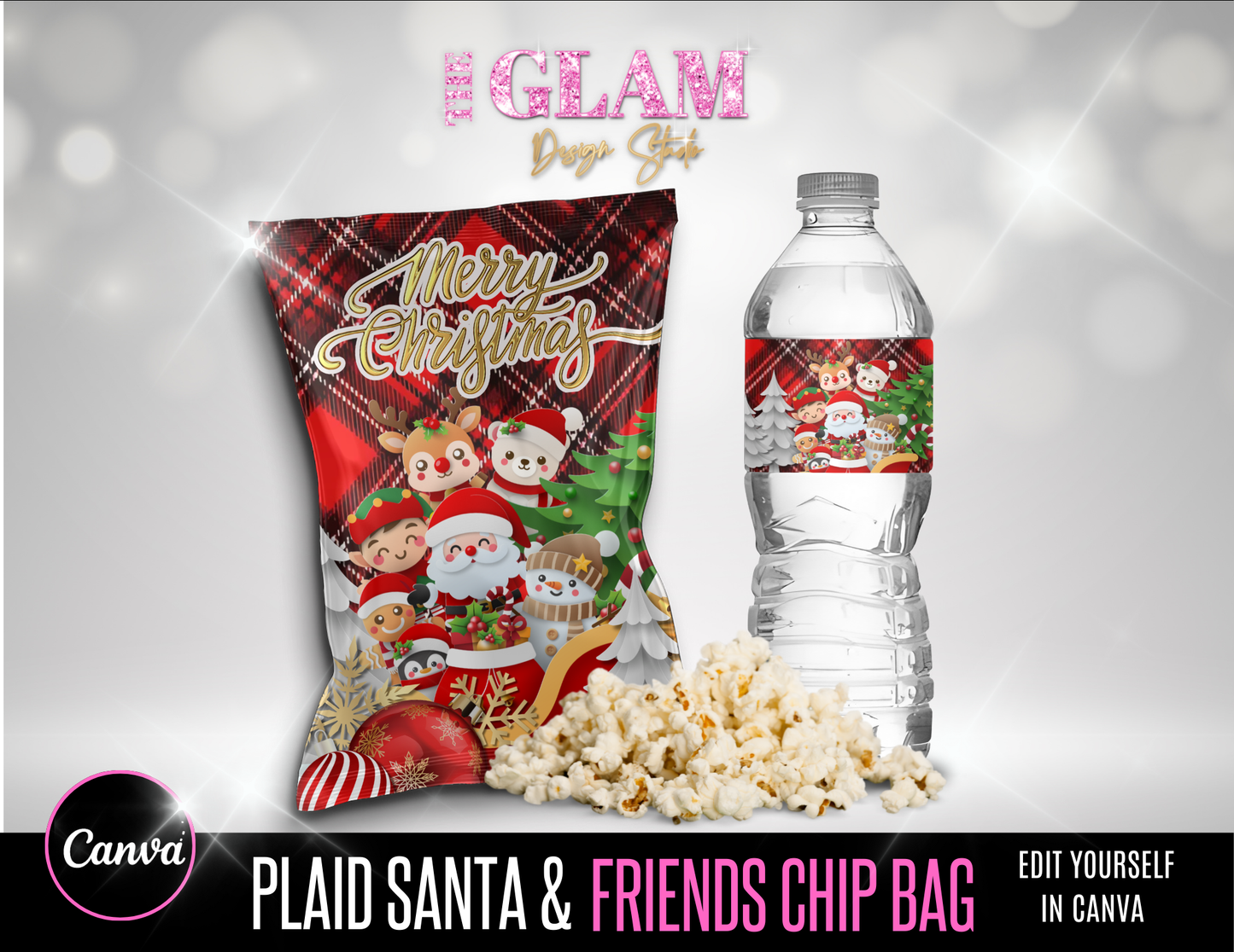 Plaid Santa & Friends Luxe Christmas Party Favor Bundle (Includes Both Complexions) | Canva Editable Chip Bag, Gift Bag, Water Bottle Label, Cocoa Pack & Mini Bottle Label