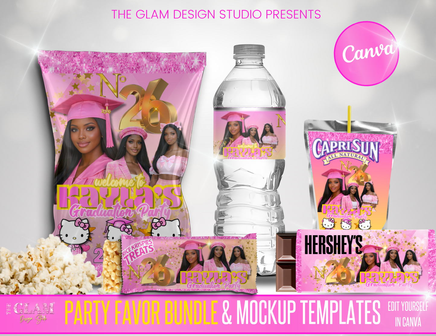 Graduation Party Favor Templates Bundle Canva | Editable Chip Bag, Capri Sun, Water Bottle, Candy Wrappers, Rice Krispie, Keychain, Perfume Labels | Class of 2026