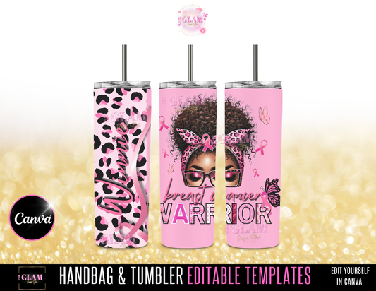 Breast Cancer Warrior Handbag Box & Tumbler Canva Editable Template (Digital Product)