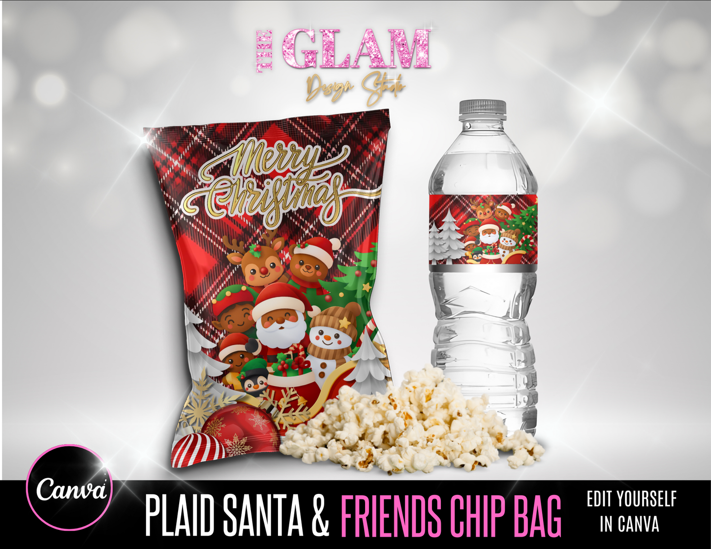 Plaid Santa & Friends Luxe Christmas Party Favor Bundle (Includes Both Complexions) | Canva Editable Chip Bag, Gift Bag, Water Bottle Label, Cocoa Pack & Mini Bottle Label