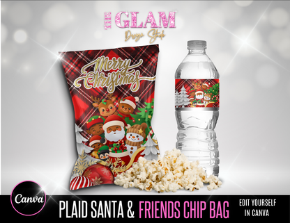 Plaid Santa & Friends Luxe Christmas Party Favor Bundle (Includes Both Complexions) | Canva Editable Chip Bag, Gift Bag, Water Bottle Label, Cocoa Pack & Mini Bottle Label