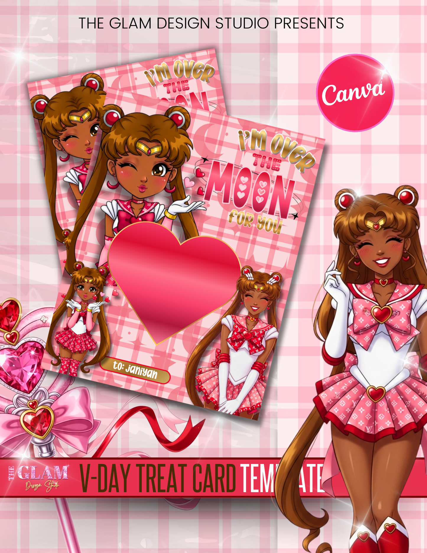 Pink Anime Valentine Treat Card Template | Sailor-Style Valentine Favor | Canva Editable Digital Download