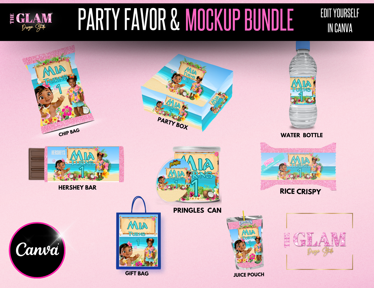 Character Party Favors Hawaiian Theme Party Digital Product, Canva Editable Templates, Canva Pro