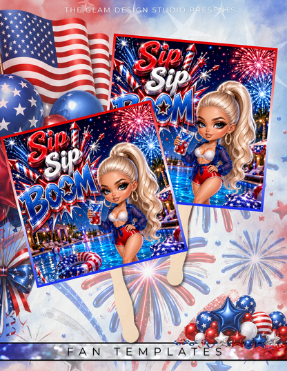 Red White & Tipsy 4th of July Canva Template Bundle | Adult Drink Pouch, Fan & Foam Cup Sticker Templates