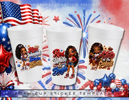Red White & Tipsy 4th of July Canva Template Bundle | Adult Drink Pouch, Fan & Foam Cup Sticker Templates