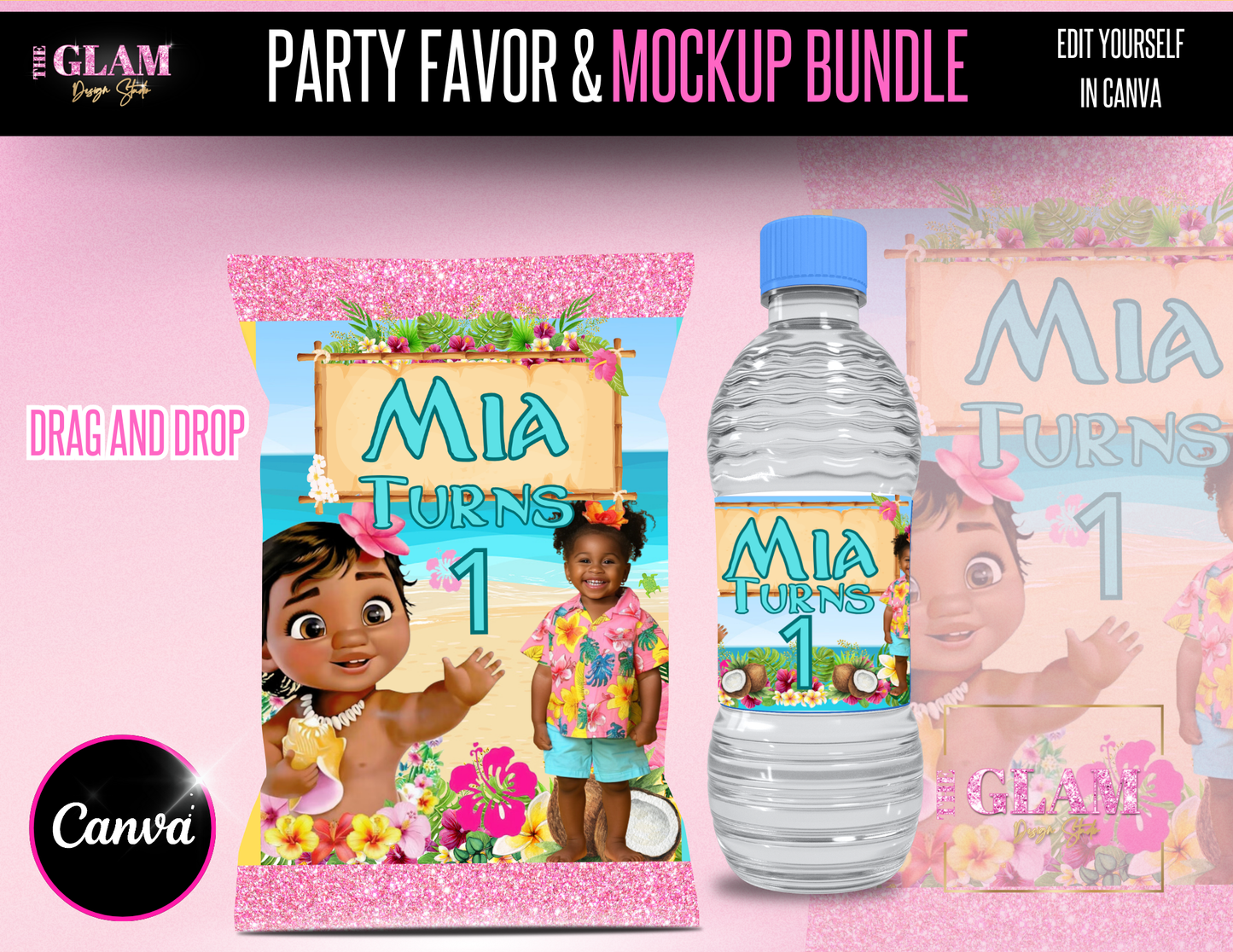 Character Party Favors Hawaiian Theme Party Digital Product, Canva Editable Templates, Canva Pro