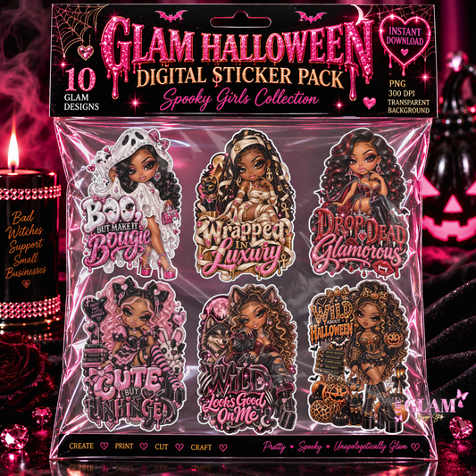 Glam Halloween Digital Sticker Pack | 19 PNG Stickers + Mockups & More | Commercial Use for Crafters