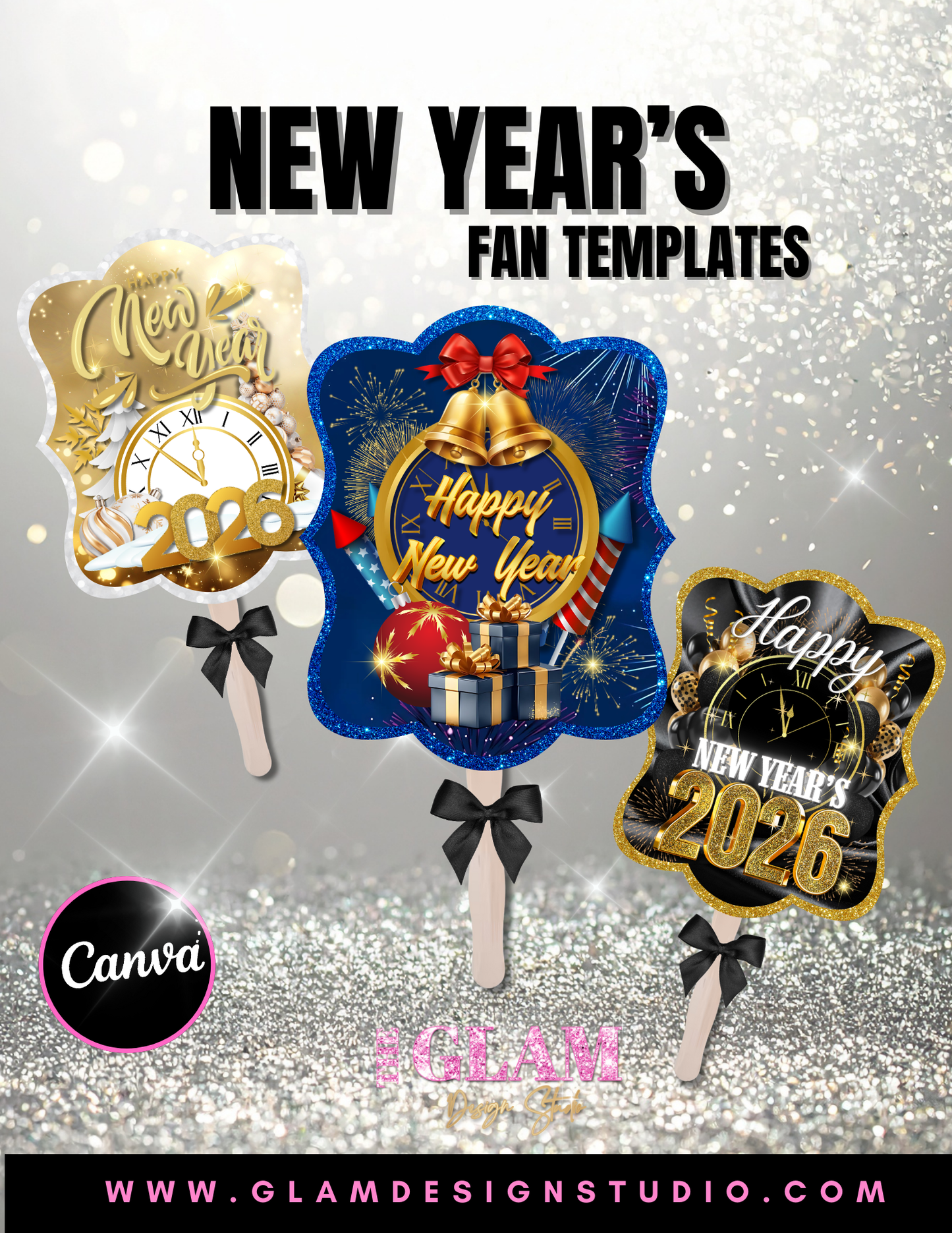 Luxe New Year’s 2026 Party Favor & Mockup Bundle | Editable Canva Templates