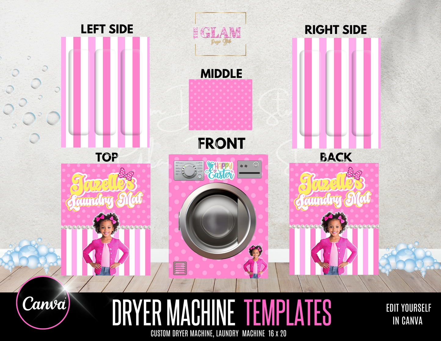 Minnie Easter Dryer Machine Editable Canva Templates (Digital Download)