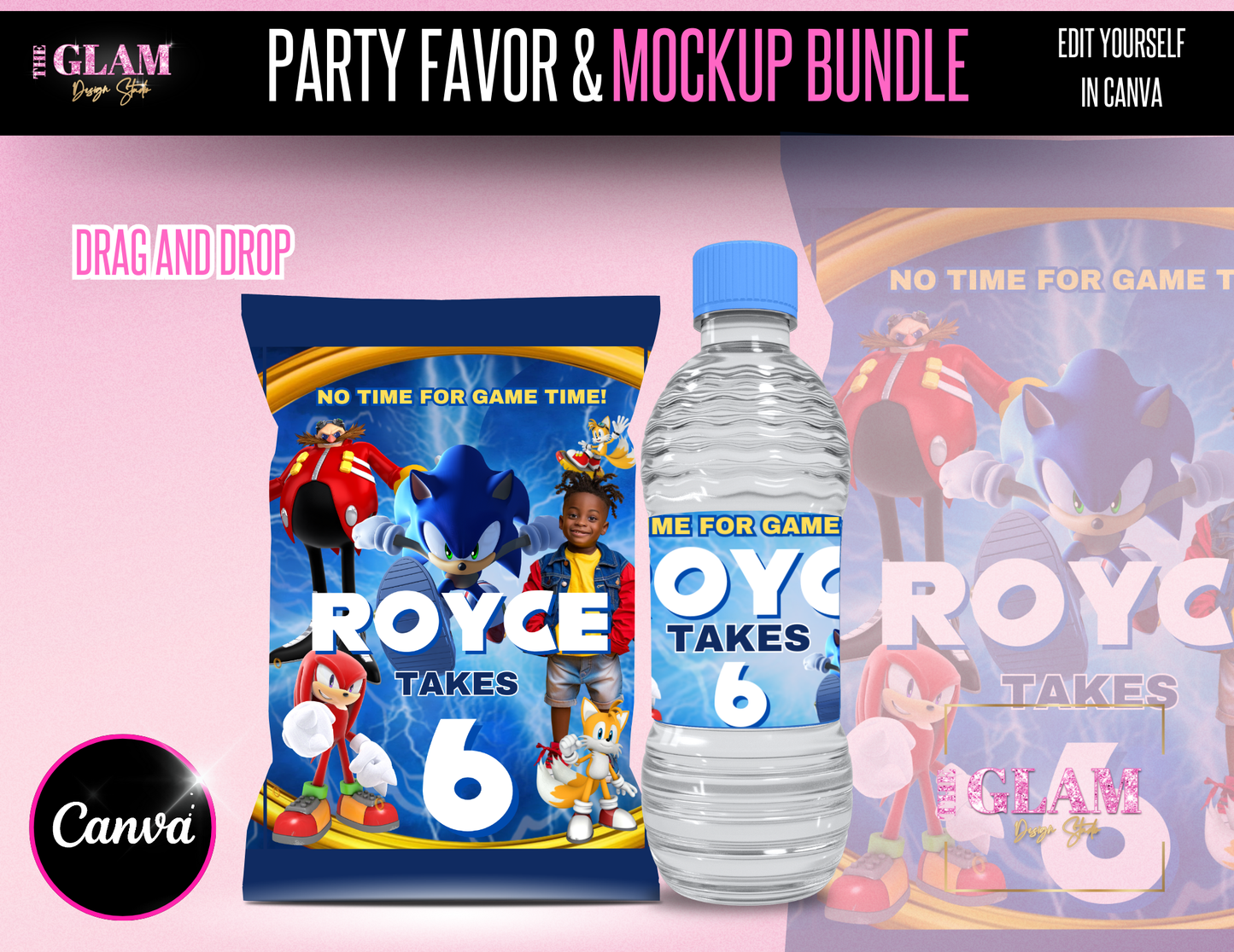 Character Party Favors Sonic Theme Party Digital Product, Canva Editable Templates