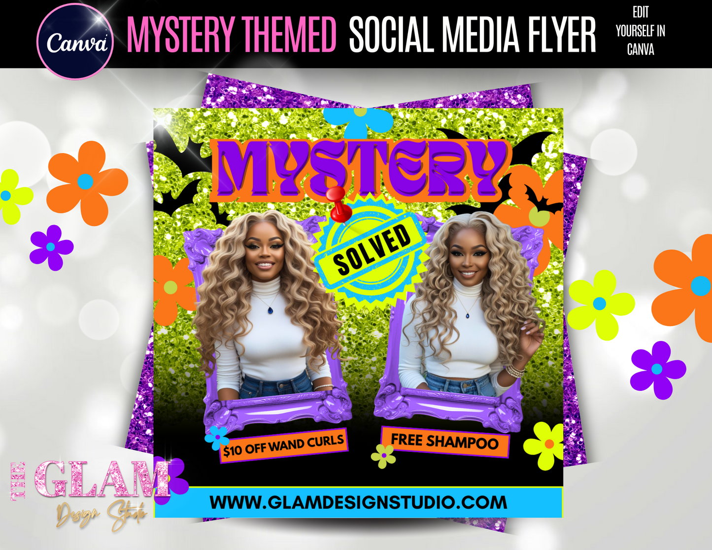 Mystery Solved Canva Flyer + Mockup – Editable Promo Template for Small Business Glow-Ups