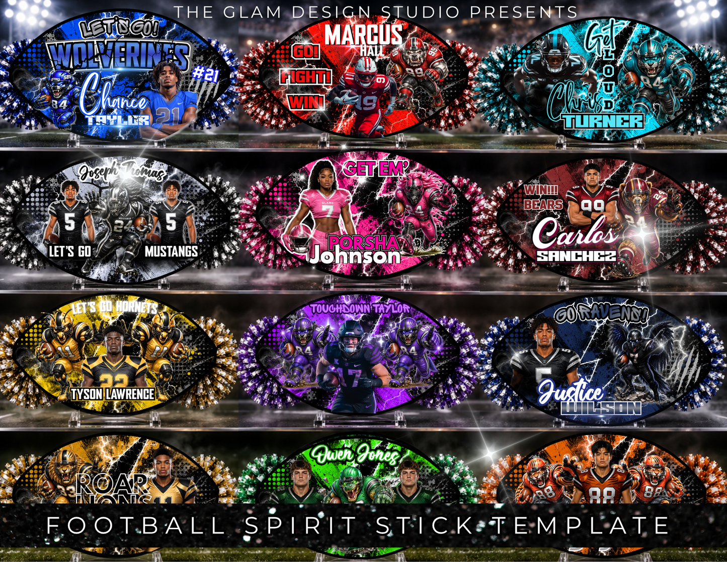 12 Football Spirit Stick Canva Templates | Editable Custom Cheer Spirit Stick Template | Sports Mom DIY Digital Download
