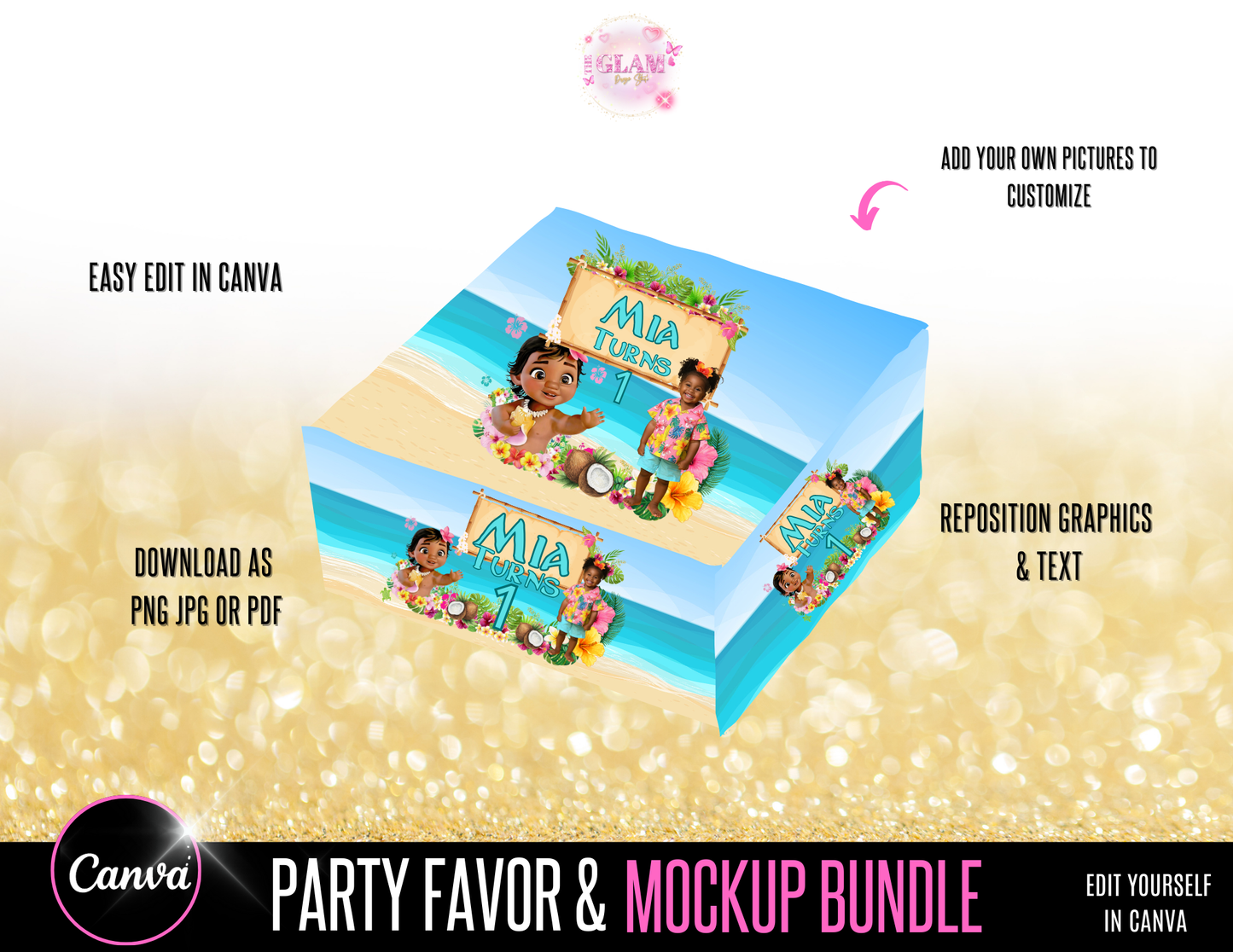 Character Party Favors Hawaiian Theme Party Digital Product, Canva Editable Templates, Canva Pro