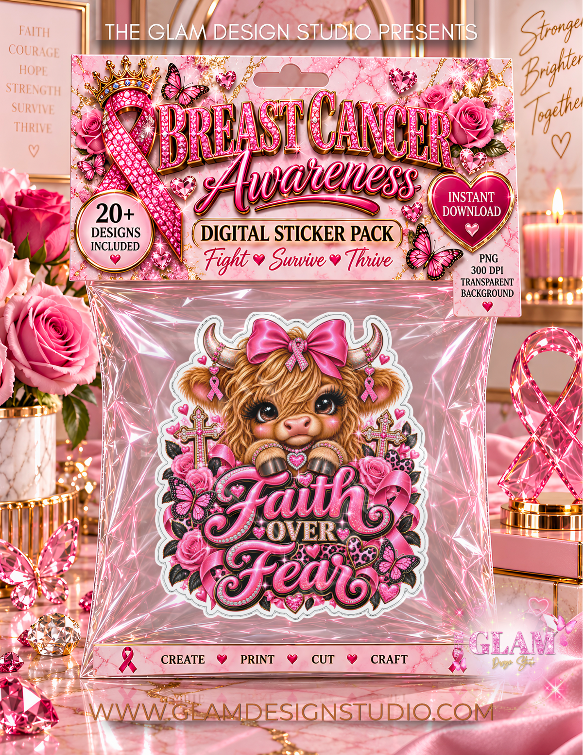 Breast Cancer Highland Cow PNG | Faith Over Fear PNG | Pink Ribbon DTF, Sublimation & Sticker Design