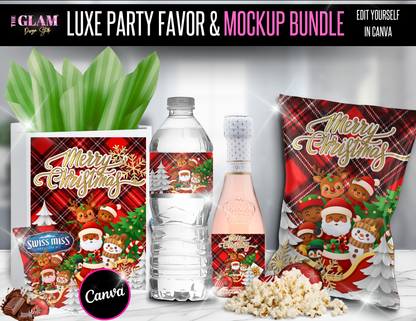 Plaid Santa & Friends Luxe Christmas Party Favor Bundle (Includes Both Complexions) | Canva Editable Chip Bag, Gift Bag, Water Bottle Label, Cocoa Pack & Mini Bottle Label