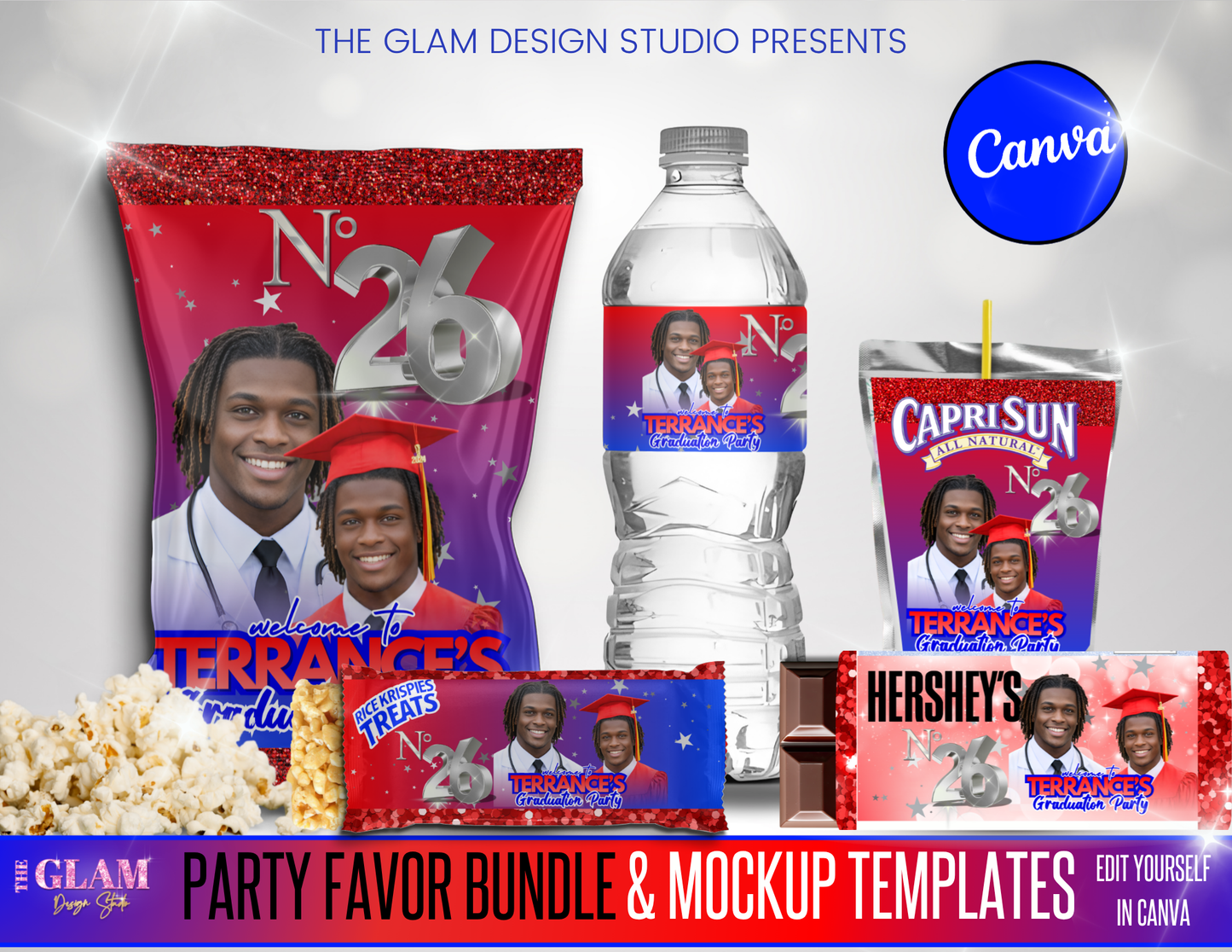 Graduation Party Favor Templates Bundle Canva | Editable Chip Bag, Capri Sun, Water Bottle, Candy Wrappers, Rice Krispie, Keychain, Perfume Labels | Class of 2026
