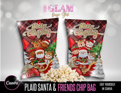 Plaid Santa & Friends Luxe Christmas Party Favor Bundle (Includes Both Complexions) | Canva Editable Chip Bag, Gift Bag, Water Bottle Label, Cocoa Pack & Mini Bottle Label