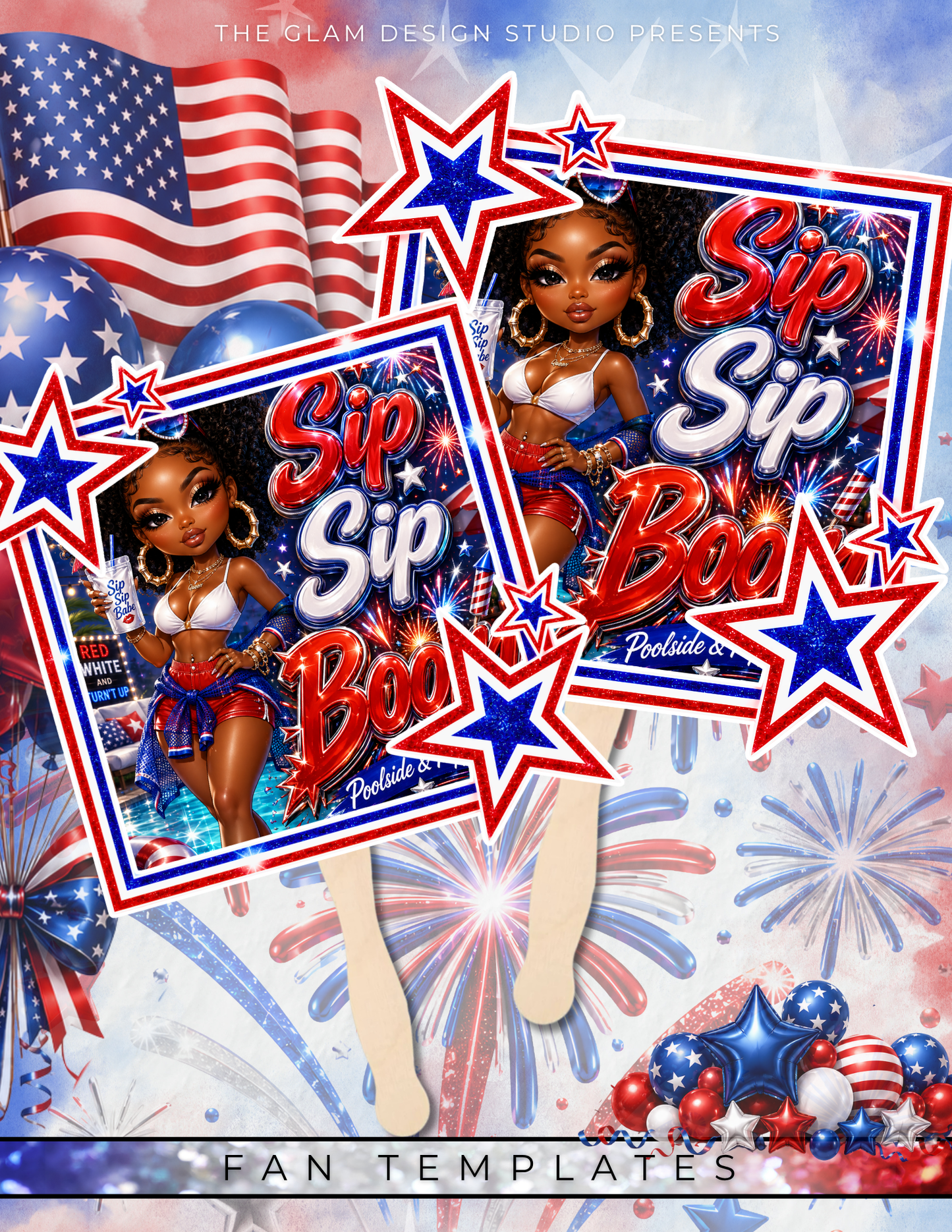 Red White & Tipsy 4th of July Canva Template Bundle | Adult Drink Pouch, Fan & Foam Cup Sticker Templates