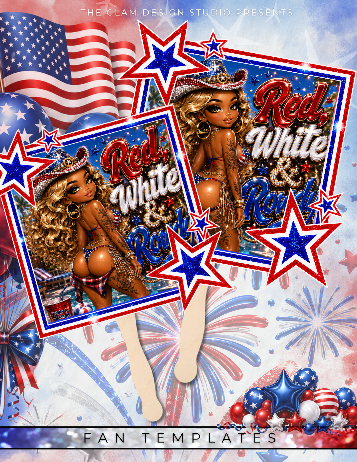 Red White & Tipsy 4th of July Canva Template Bundle | Adult Drink Pouch, Fan & Foam Cup Sticker Templates